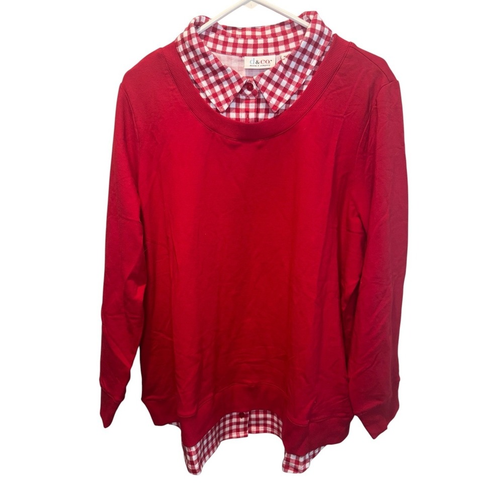 Denim & Co. Women Red Pullover Layered Gingham Collar Hem Top XL P NEW Classic